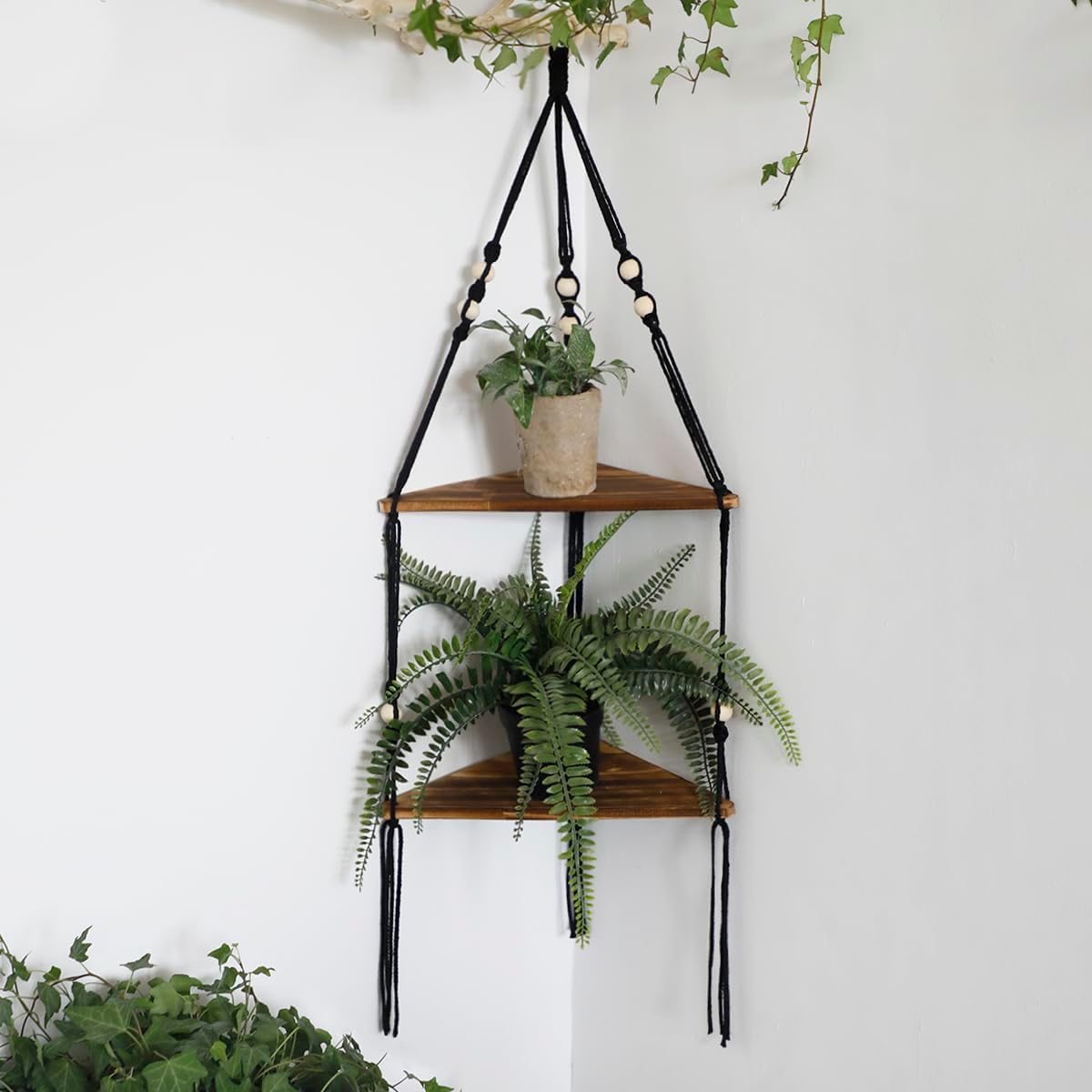 Artilady Corner Shelf Macrame Wall Hanging Balck, Boho Wood Storage Decor | 2 Tier Adjust Plant Floating Shelves, Farmhouse Rustic Crystal Candle Holder for Small Space, Bedroom Living Room Wall Decor