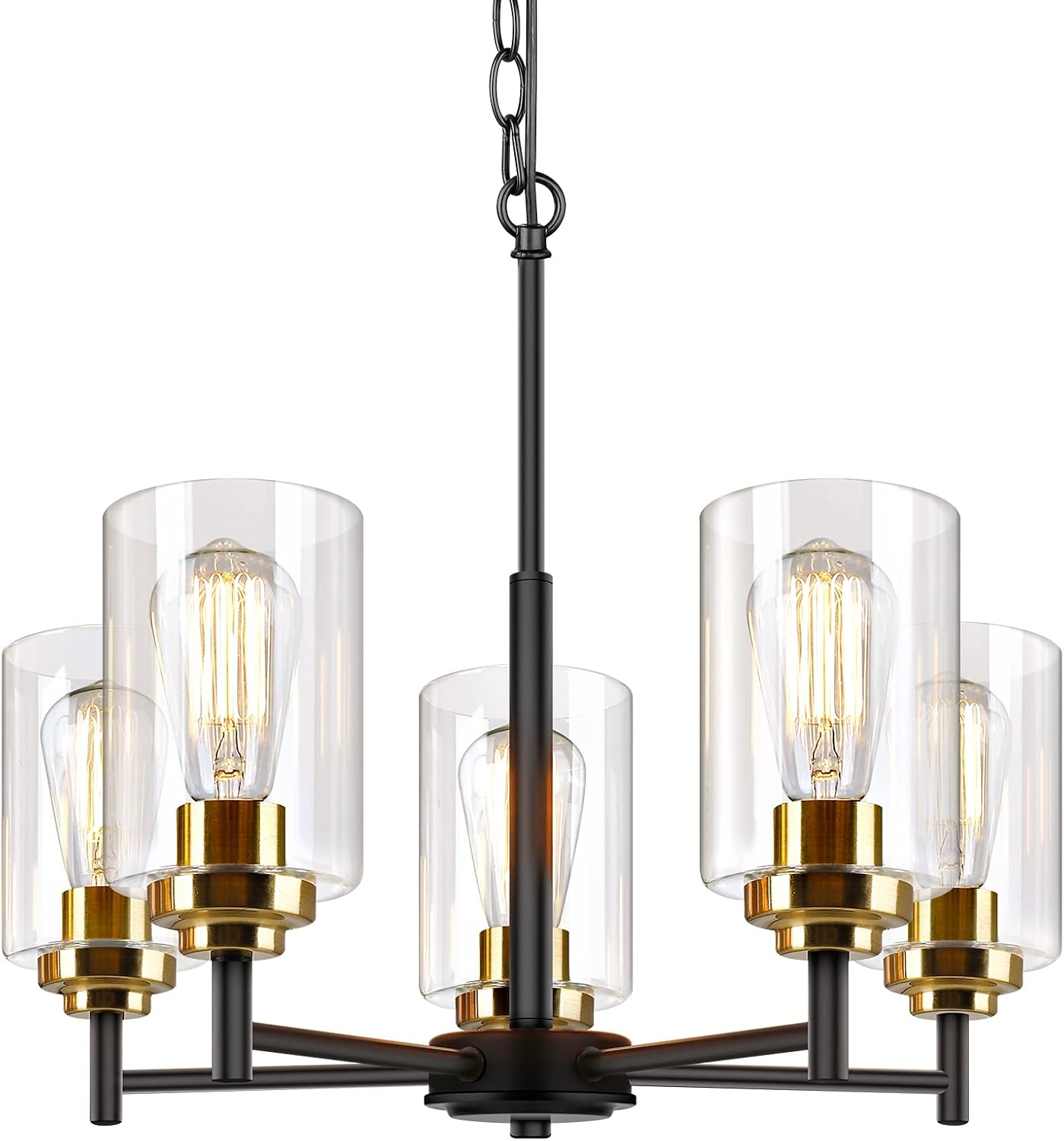 Sucolite 19.8” Dia 5-Light Chandelier for Dining Room Kitchen Island, Modern Farmhouse Pendant Lighting with Glass Shades Black & Gold Ceiling Light Fixture for Living Room, Height Adjustable