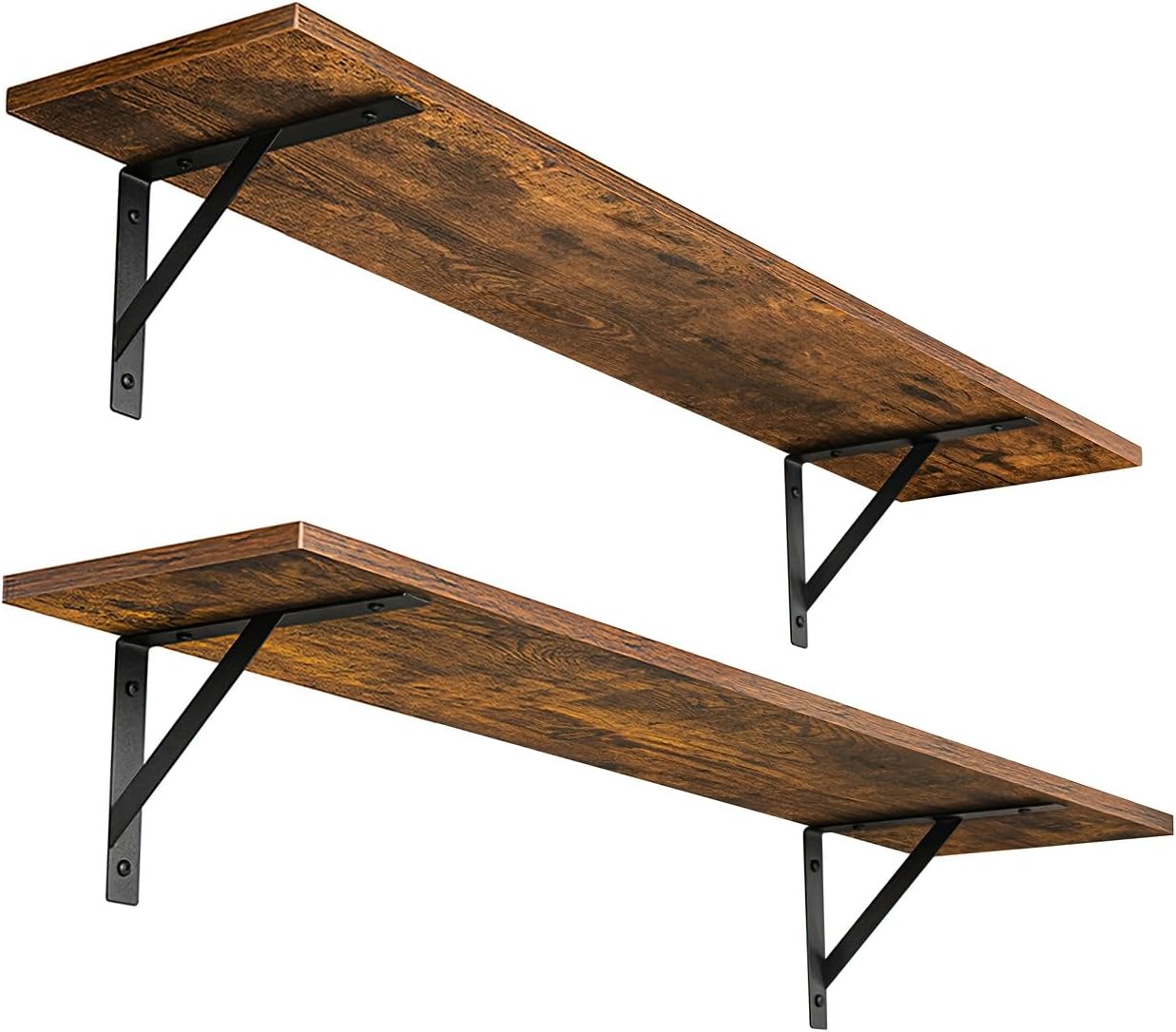 DINZI LVJ Long Wall Shelves, 31.5″ Wall Mounted Shelves with Metal Brackets | Floating Book Shelves, Set of 2, Easy Assembly, Max Load 22lbs, Wooden Wall Storage Ledges for Bathroom/Bedroom, Rustic Brown