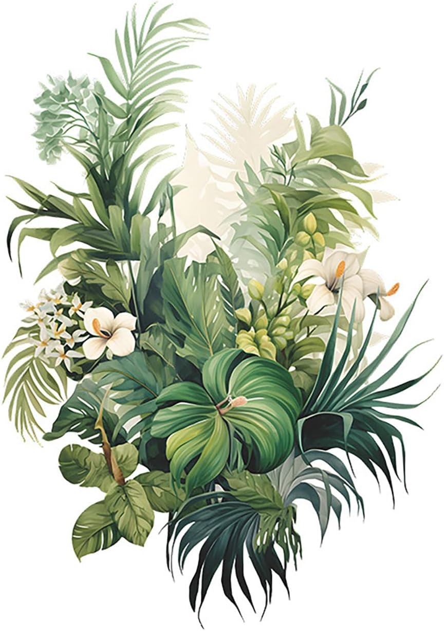 Botanical Wall Decals with Palm Leaves Lush Green Foliage White Flowers Removable Peel and Stick Wall Art 22.4×15.7 inches for Living Room Nursery Home Decor