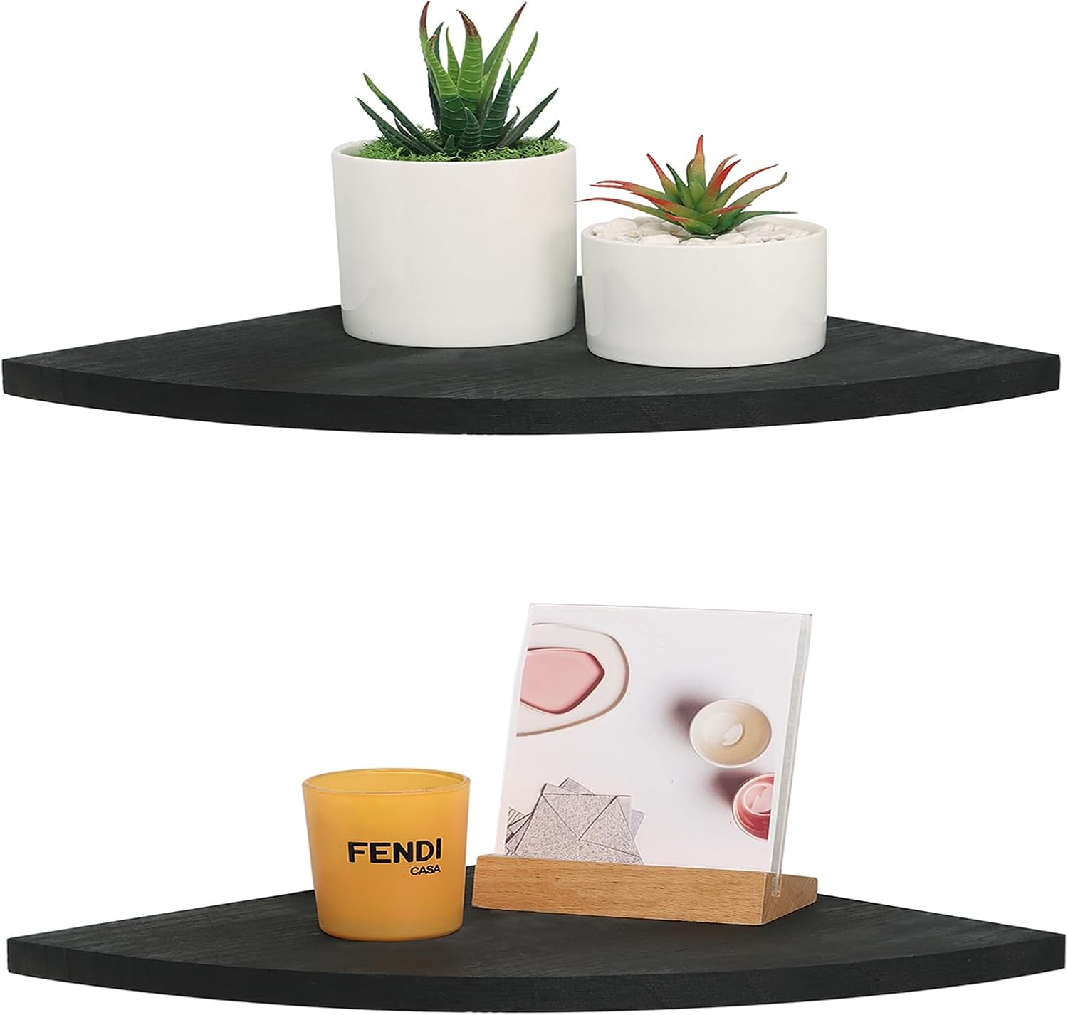 JORIKCHUO 10 inch Corner Shelf, Set of 2 Solid Wood Corner Floating Shelves for Wall, Round End Wall Mounted Floating Shelf for Bedroom, Living Room and Kitchen (Black-10 inch)