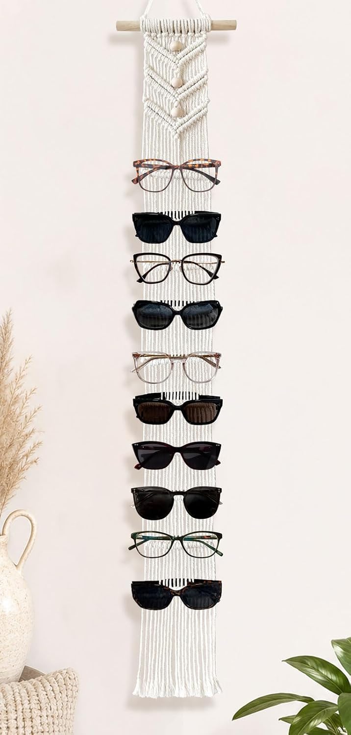 Besoamo Macrame Sunglasses Holder Boho Wall-Mounted Hanging Eyeglasses Organizer Holds Up to 10 Pairs, Handmade Cotton Rope Glasses Rack, Eyewear Display Storage for Home, Bedroom, Entryway, Closet