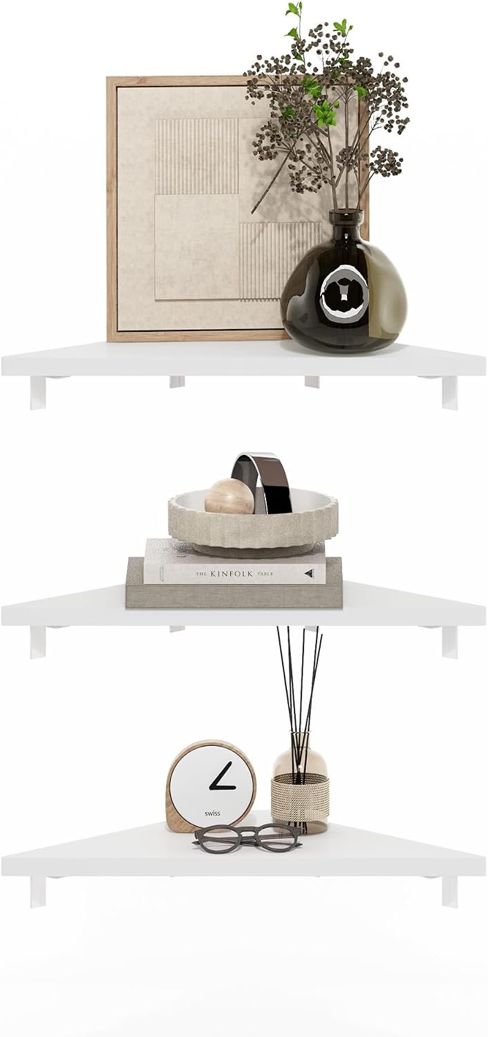 Furinno Rossi Triangle Floating Shelves for Wall, Set of 3 Geometric Corner Shelf, Wall Mounted Shelves for Bathroom, Home Office, Living Room, White