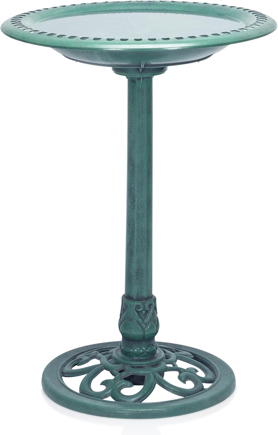 Alpine Corporation TEC116 Outdoor Aged Green Pedestal Birdbath with Scrollwork, 28″ Tall, Green