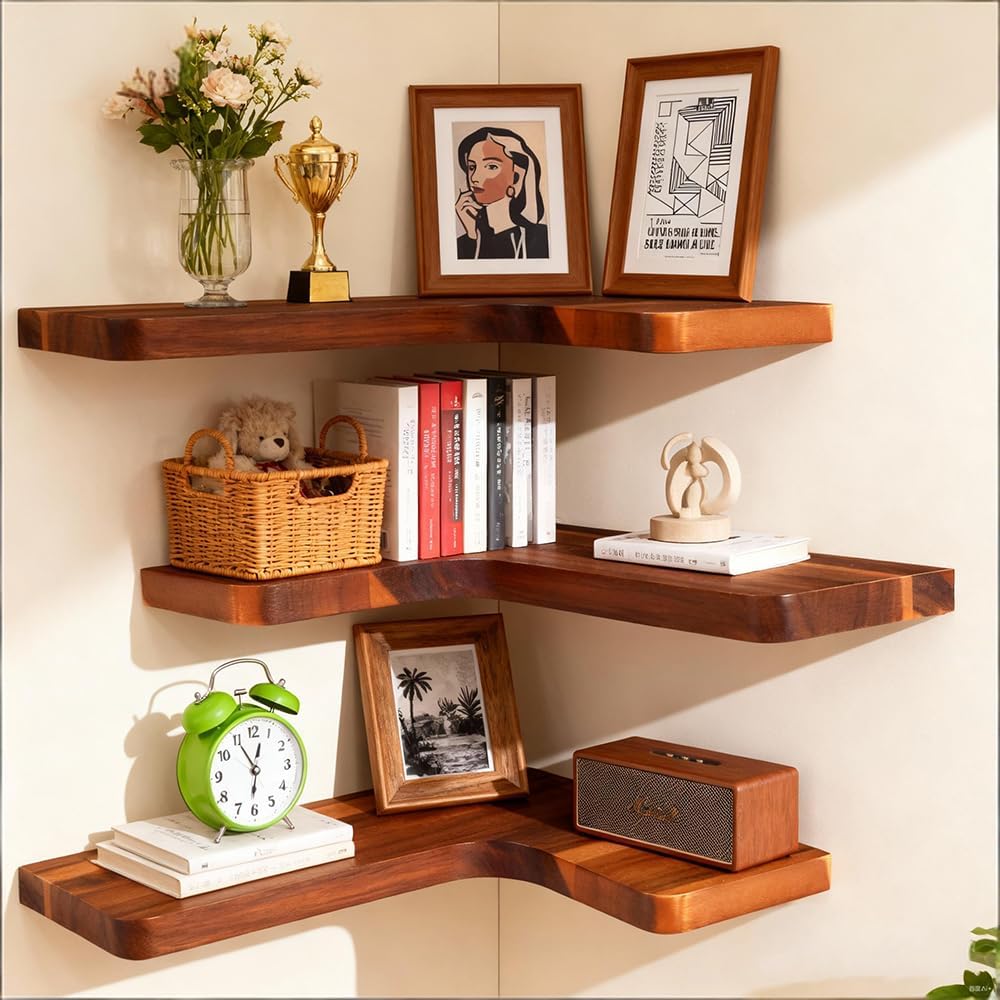 Floating Corner Shelves, Wall Shelf Set of 3, Shelves for Wall Storage, Solid Wood Shelves for Storage, Wall Mount Wooden Display Shelf for Bathroom Bedroom Kitchen Garage (Acacia, 3pcs)