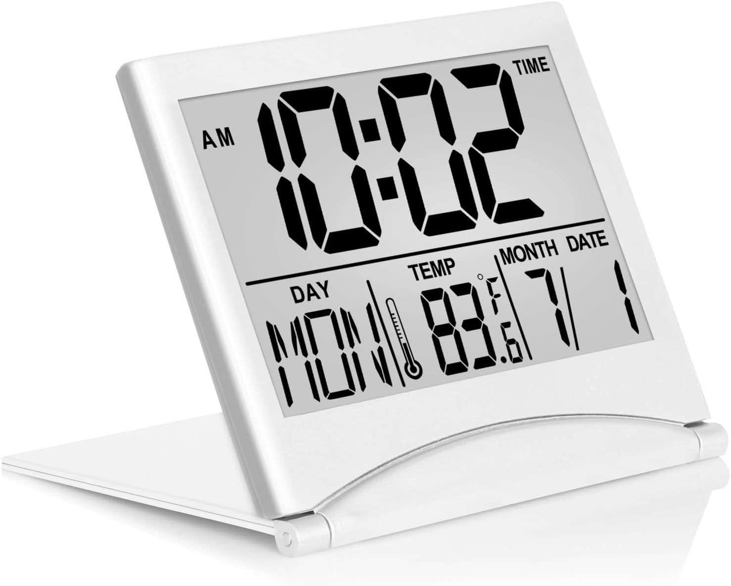 Betus Digital Travel Alarm Clock – Foldable Calendar Temperature Timer LCD Clock with Snooze Mode – Large Number Display, Battery Operated – Compact Desk Clock(Silver, No Backlight)
