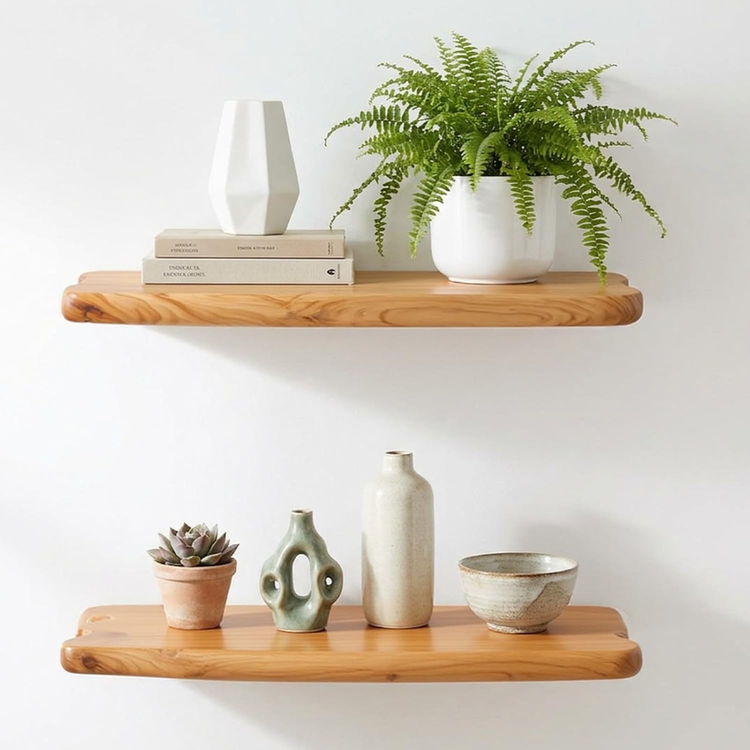 WELLAND 16″ Live Edge Cedar Floating Shelves, Set of 2 | Each shelf measures approximately 15.75″ W × 7.87″ D × 1.25″ H, ideal for displaying plants, book and decorative accents