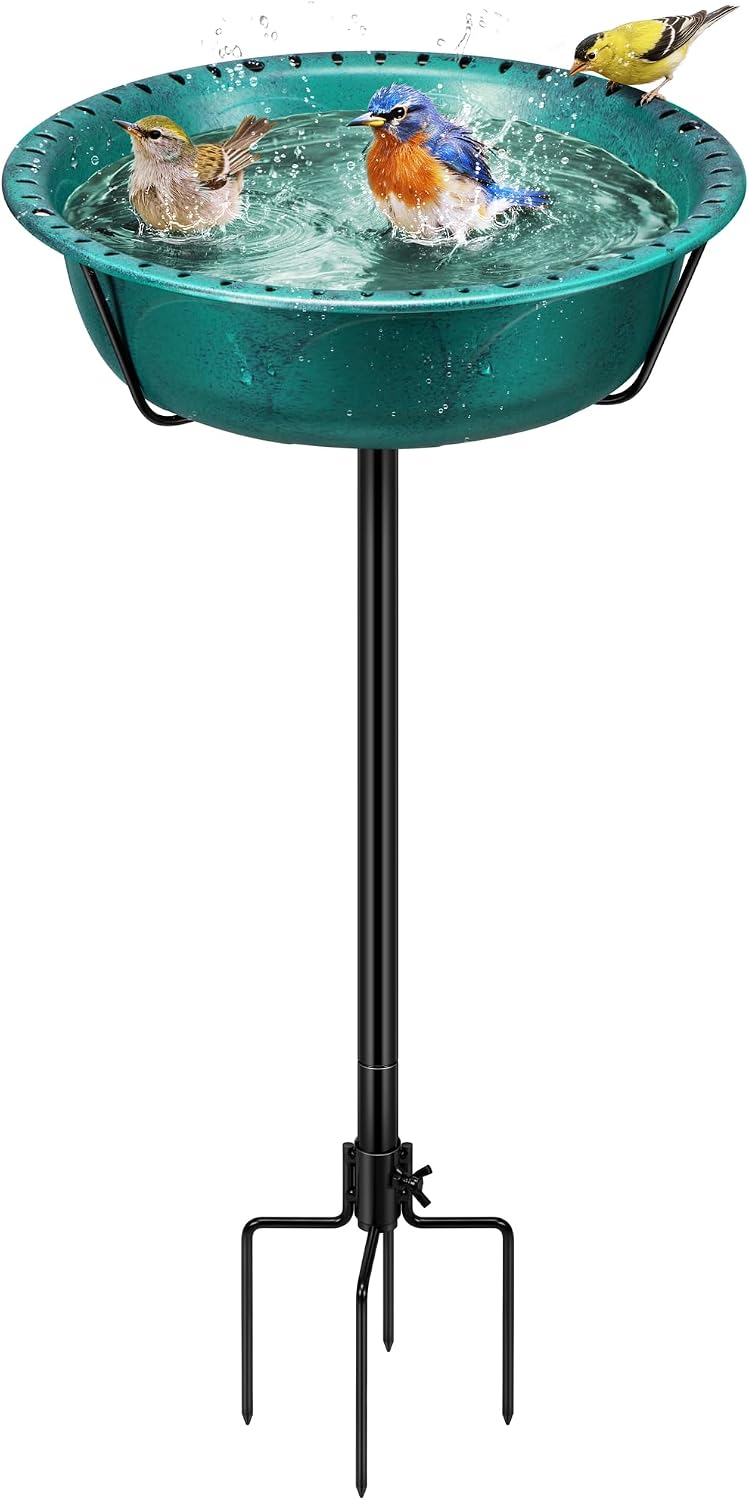 VIVOHOME Bird Bath for Outside with Metal Ground Stake, Green | Weather-Resistant ABS, 13-Inch Bowl, 1.45-Gallon Capacity, for Outdoor/Garden, Bird-Friendly, Easy to Clean
