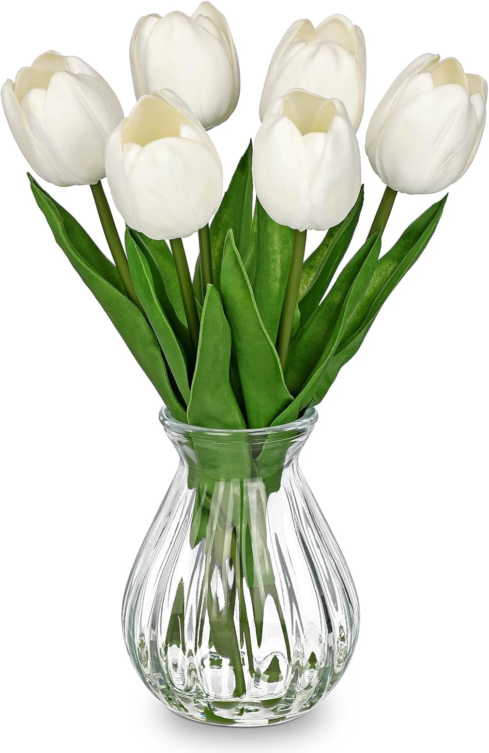 Oairse Artificial Tulips Flowers Floral Arrangement – 6 Stems Faux Flowers with Clear Glass Vase with Faux Water 12.5″ White Fake Tulips Bouquet Centerpiece for Table Living Room Home Office Decor