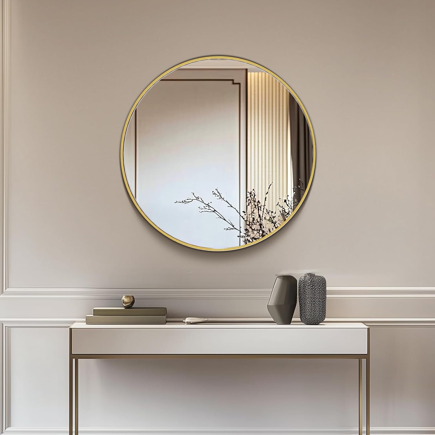 NEWBULIG 20IN Round Bathroom Wall Mirror, Modern Vanity Mirrors for Over Sink, HD Glass Decorative for Entryway, Bedroom & Living Room, Anti-Rust, Tempered Glass, Hanging or Leaning, Gold