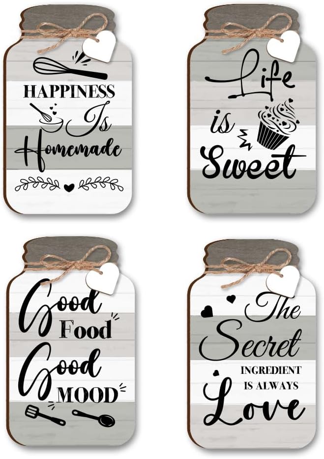 PH PandaHall 4pcs Kitchen Wall Decor, 3.46×5.83 Inch Small Bottle Shape Wood Hanging Sign Modern Rustic Farmhouse Board Sign with Hemp Rope for Kitchen Home Dining Living Room Bar Cafe, 4mm Thick