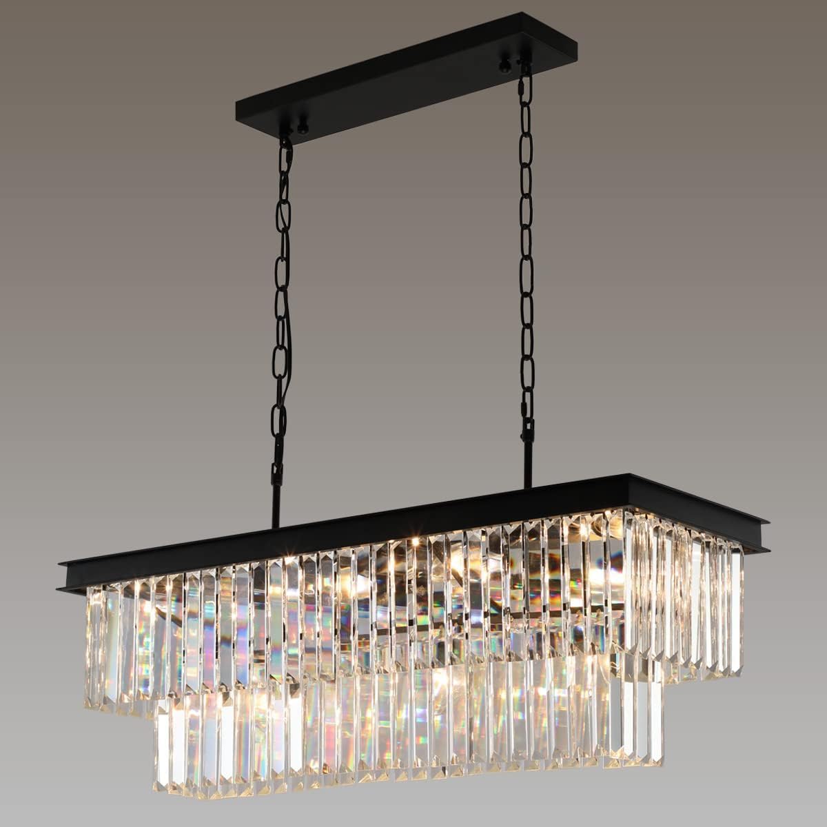 Weesalife Black Crystal Chandeliers for Dining Room，11-Lights L33.5 Inch | Modern Rectangle Chandeliers for Dining Room ，Contemporary Pendant Light Fixture for Kitchen Island Bar，Adjustable Height