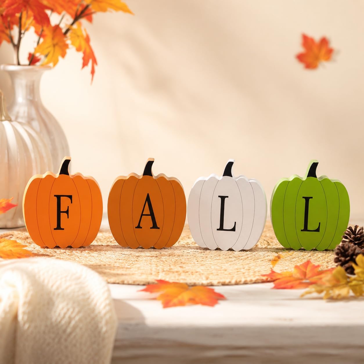 QINJIEJIE Fall Pumpkin Decor Autumn Pumpkin Decorations for Office Desk | Pumpkin Decor Halloween Decor 4 Pcs Fall Pumpkin Decorations for Home Office Table Tiered Tray Mantel