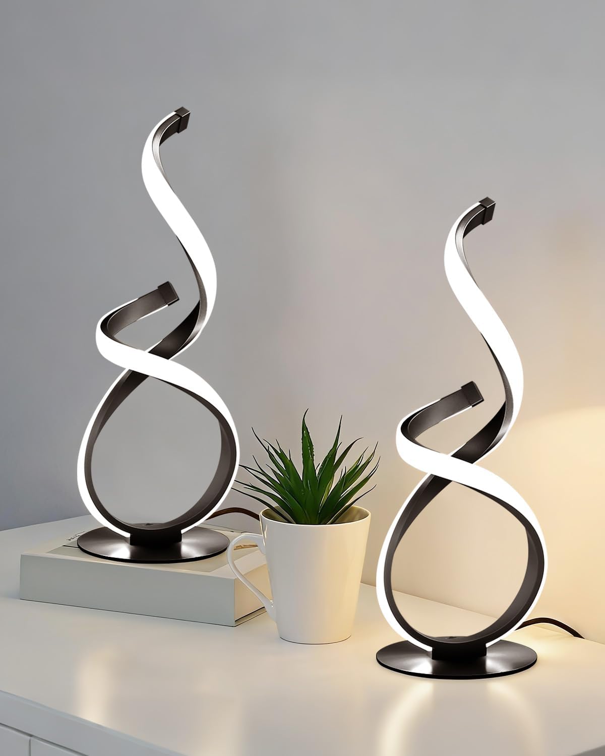 2 Pack Modern Touch Lamp for Nightstand, LED Spiral Table Light | Dimmable 3 Color Temperature Night stand Desk Lamp, Unique Bedside Light for Living Room, Bedroom, Ideal Gift, Black