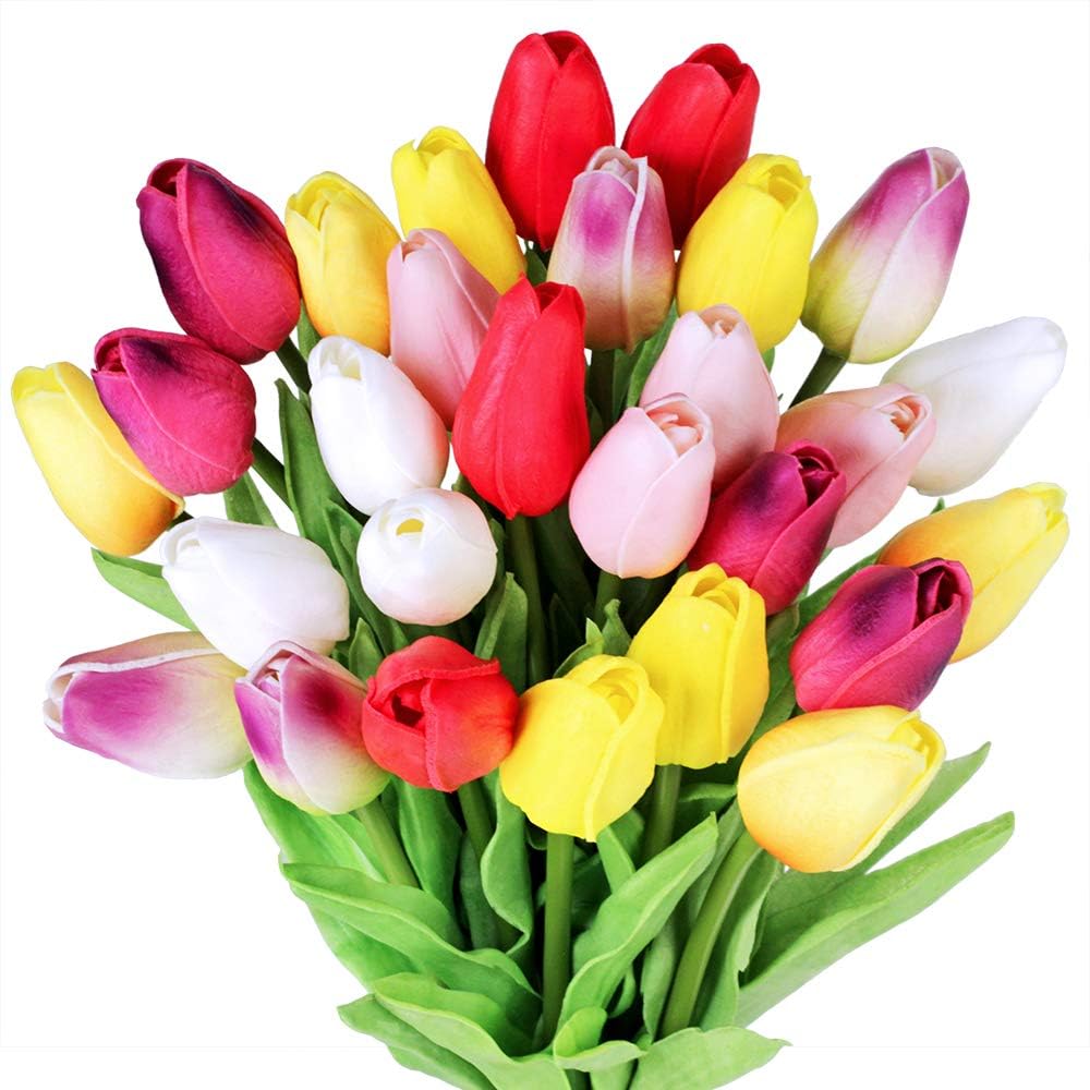 Winlyn 28 Pcs Multicolor Tulips Artificial Flowers Faux Tulip Stems Real Feel PU Tulips Easter Spring Wedding Bouquet Centerpiece Floral Arrangement Cemetery Table Décor 14″ Tall