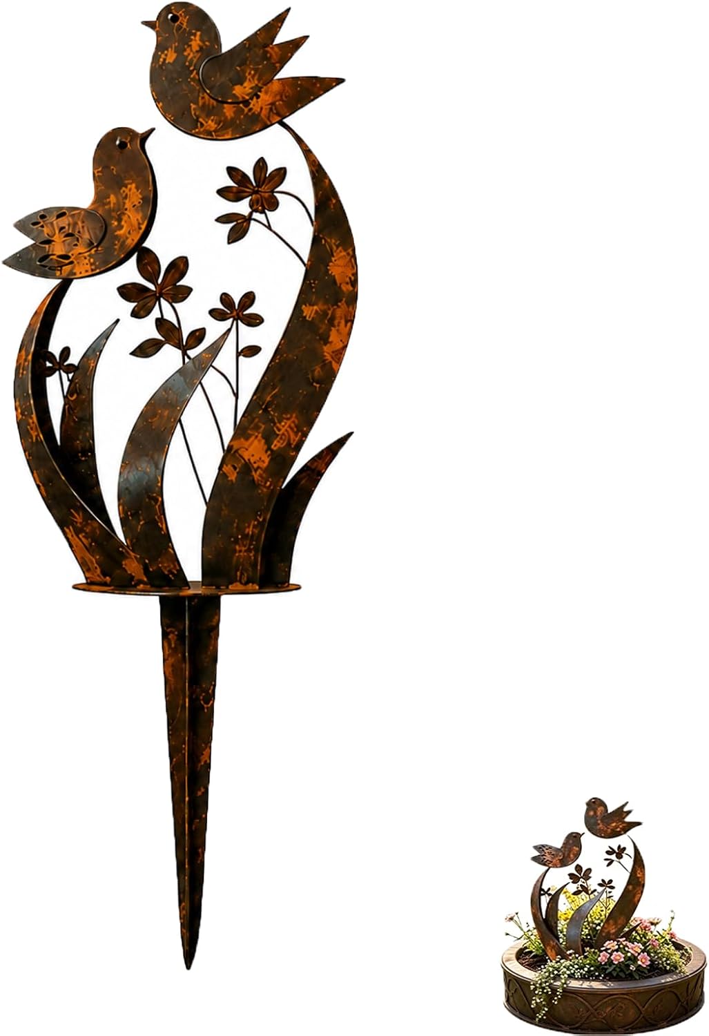 Bird & Wildflower Metal Garden Stake, Rustic Outdoor Yard Art Decor, Weatherproof Decorative Garden Stake for Lawn, Patio, Flower Beds, Planters & Walkways, Gift for Garden Lovers (1 Pack)