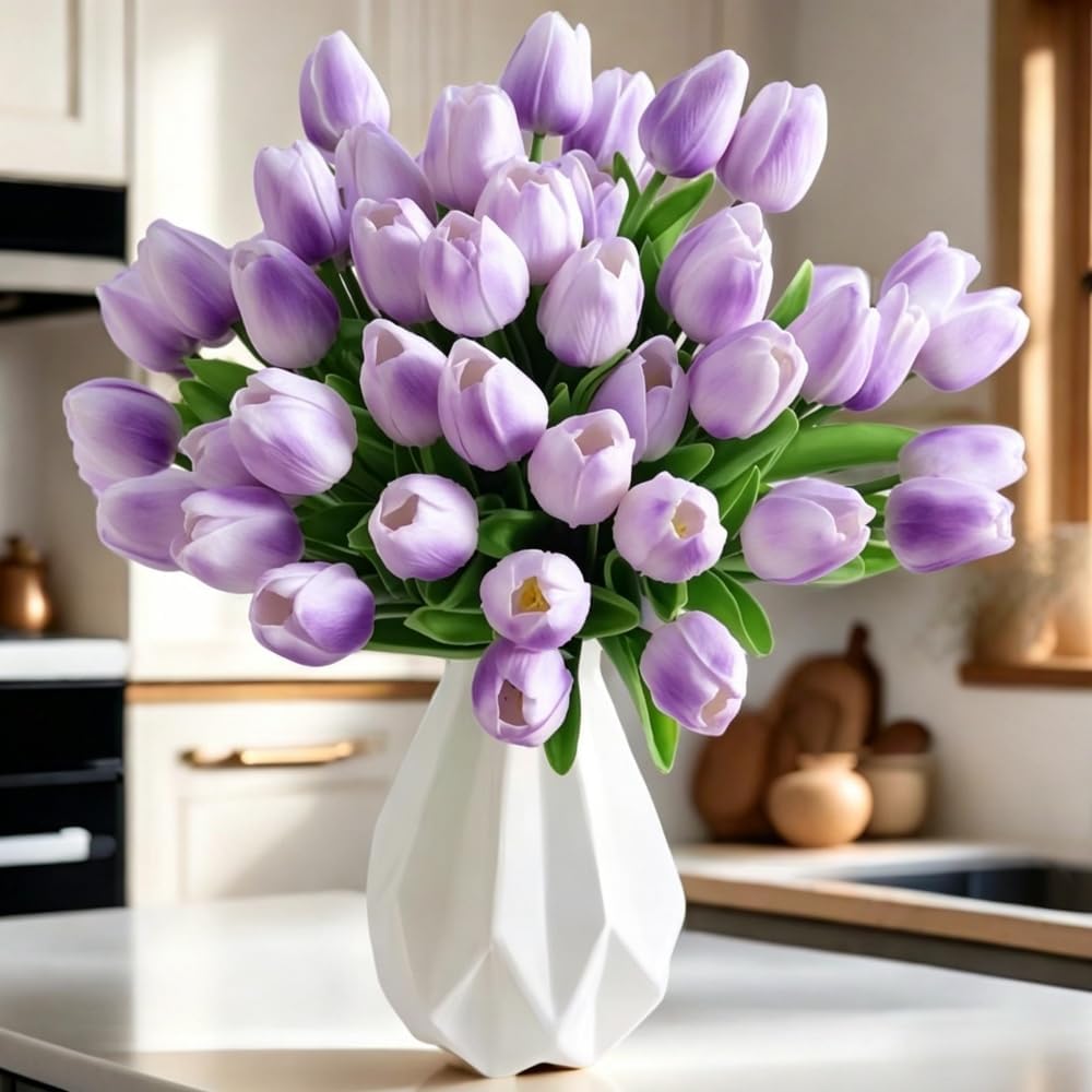 Artificial Tulips 30Pcs Real Touch PU Tulip Fake Flowers Purple | Arrangement Bouquets for Home Party Decoration