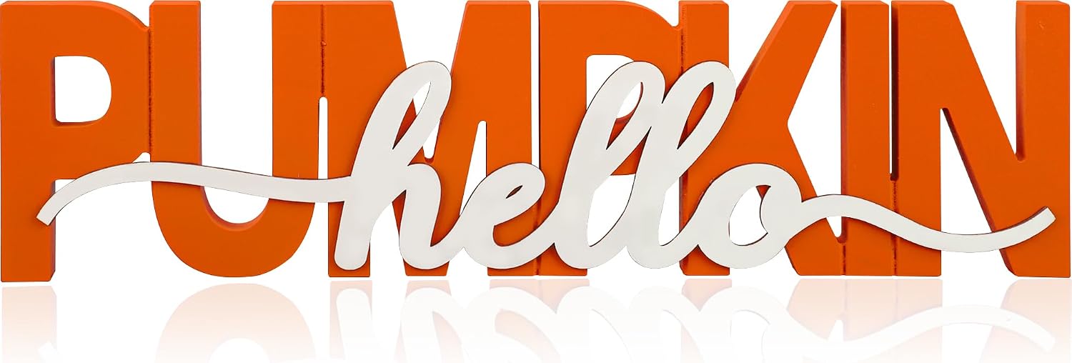 Fall Hello Pumpkin Wooden Sign Thanksgiving Tiered Tray Decorations Hello Pumpkin Lettered Table Block Autumn Wood Lettered Centerpieces for Thanksgiving Harvest Home Shelf Party Decor