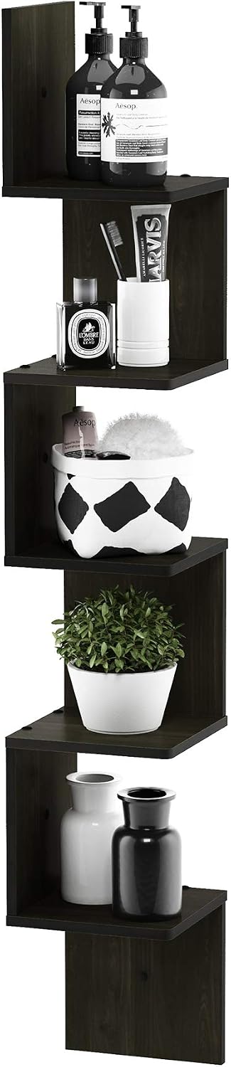 Furinno Rossi Wall Mount Floating Corner Shelf, 5-Tier Square , Espresso