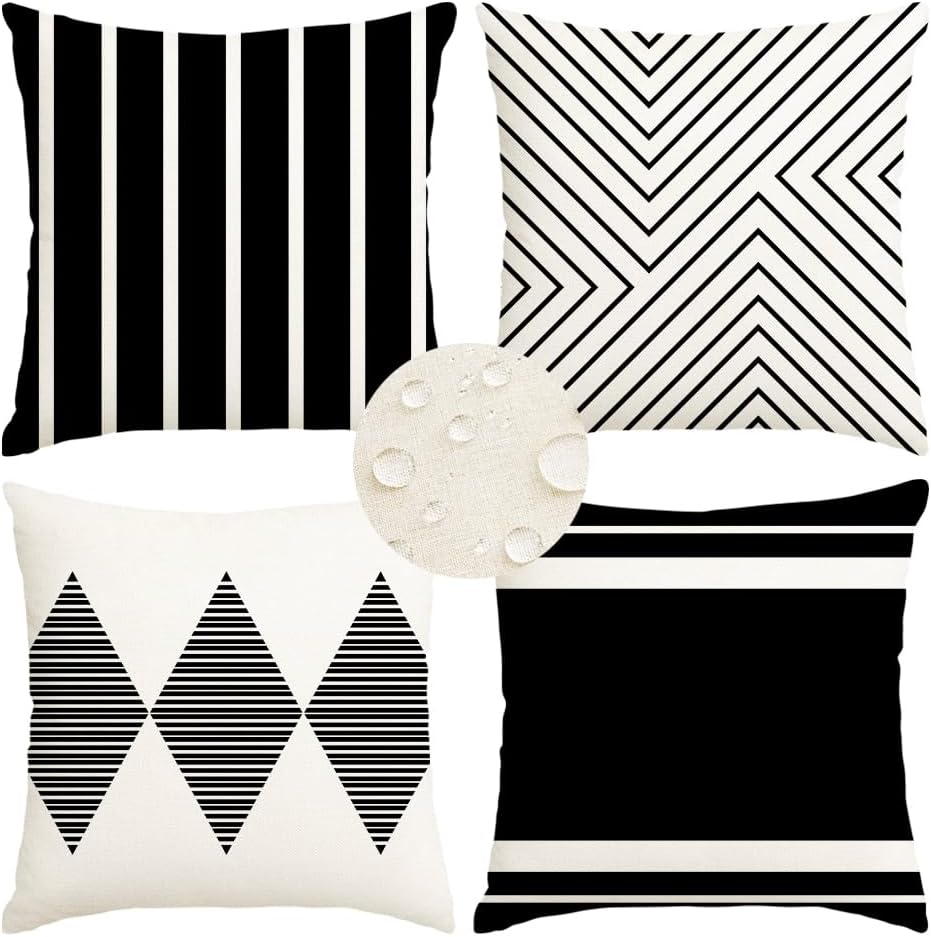 RABUSOFA Outdoor Pillows Waterproof,18×18 inch Black and White Throw Pillows Boho Set of 4 for Patio Furniture,Sunbrella Outdoor Pillow Covers for Couch(2W-18) (no Insert)