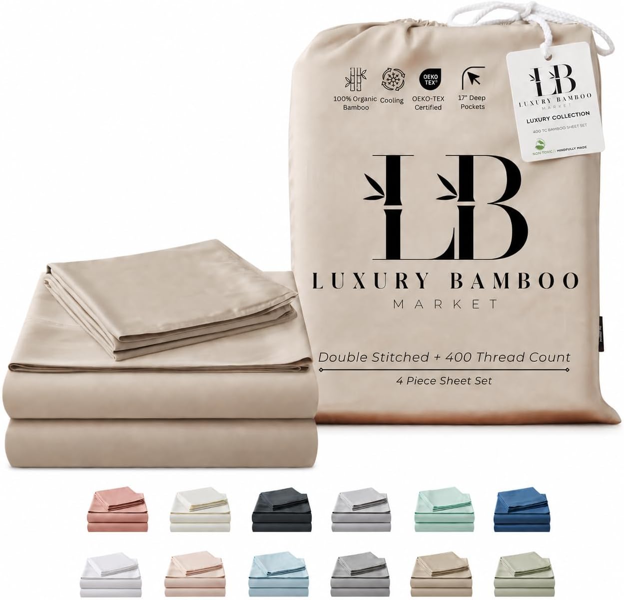 Luxury Bamboo Market | King Size Bed Sheet Set | 100% Viscose Made from Bamboo | Organically Grown | Ultra Soft | Cooling Sheets for Hot Sleepers | 17″ Deep Pocket [Dune]