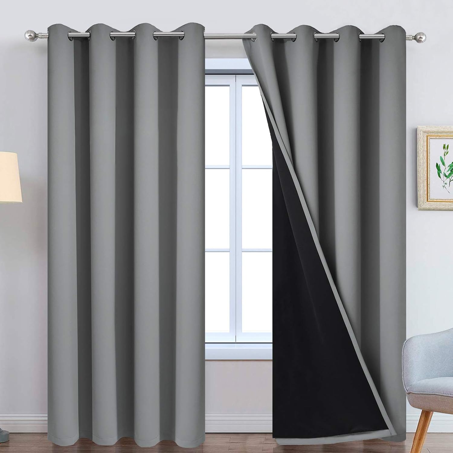 Yakamok Grey 100% Blackout Curtain Panels 84 inches, 52″ Wide, 2 Panels | Blackout Curtain Panels for Bedroom, 2 Thick Layers Grommet Top Thermal Insulated Drapes with Black Liner for Living Room
