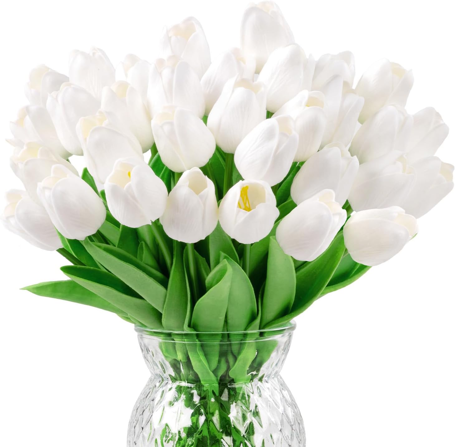 U’Artlines 30Pcs Fake Tulips Artificial Flowers with Stems Faux Tulips Bouquet Real Touch Flower for Wedding Home Kitchen Spring Easter Mother’s Day Floral Arrangement Decor (White)