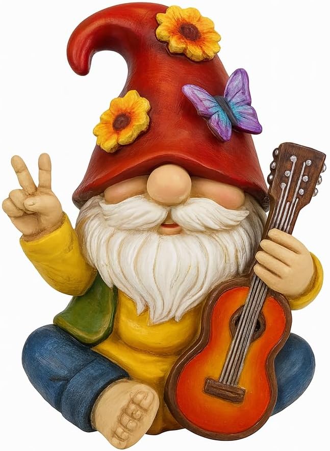 GoGnome Peace Sign Garden Gnome Figurine Outdoor Statue, Funny Guitar Playing Dwarf Rock Music Decor – 6‘’ Resin Lawn Ornament, Unique Housewarming Gift for Music Lovers & Gardeners (Red)