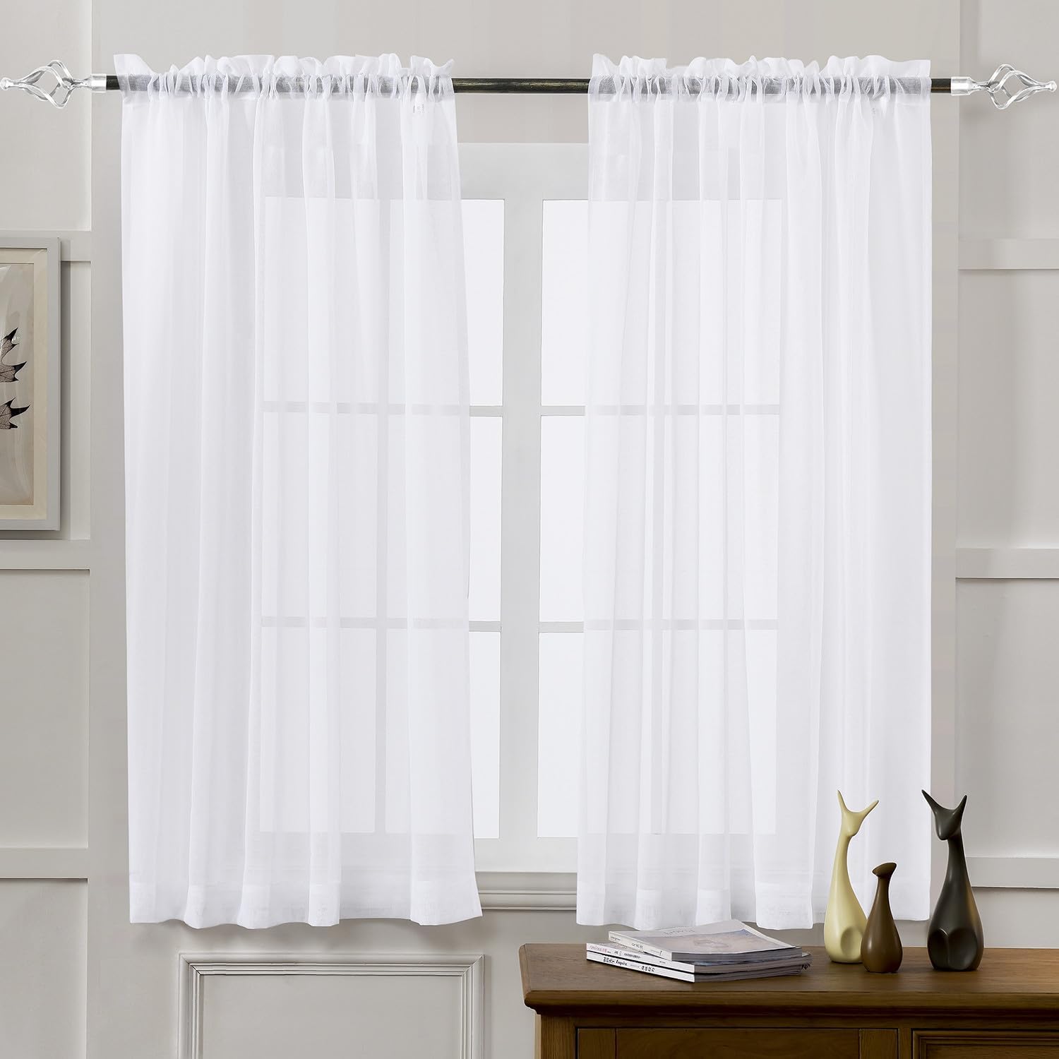MYSTIC-HOME Sheer Curtains White 63 Inch Length, Rod Pocket Voile Drapes for Living Room, Bedroom, Window Treatments Semi Crinkle Curtain Panels for Yard, Patio, Villa, Parlor, Set of 2, 52″x 63″