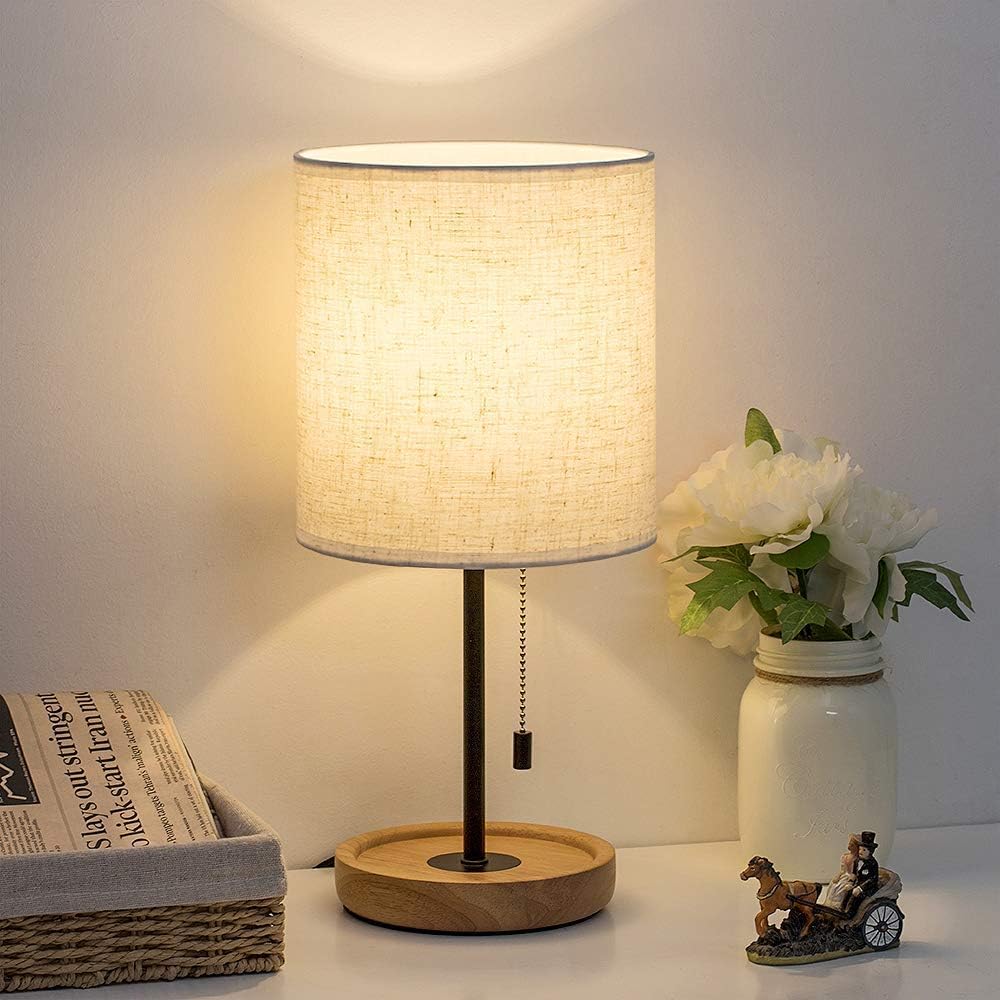 HAITRAL Bedside Table Lamp – Modern Nightstand Lamp with Linen Fabric Shade Wooden Desk Lamps for Bedrooms, Office, College Dorm, Dinning Room, Girls Room – 16 Inches (HT-AD005)