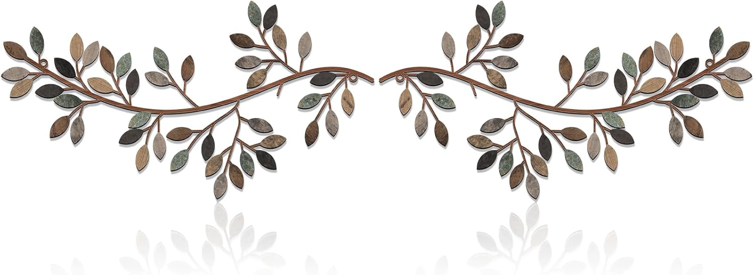 Hotop 2 Pieces Metal Tree Leaf Wall Decor Vine Olive Branch Leaf Wall Art Wrought Iron Scroll Sculptures Above the Bed, Living Room, Outdoor Decoration(Classic Style,Classic Color)
