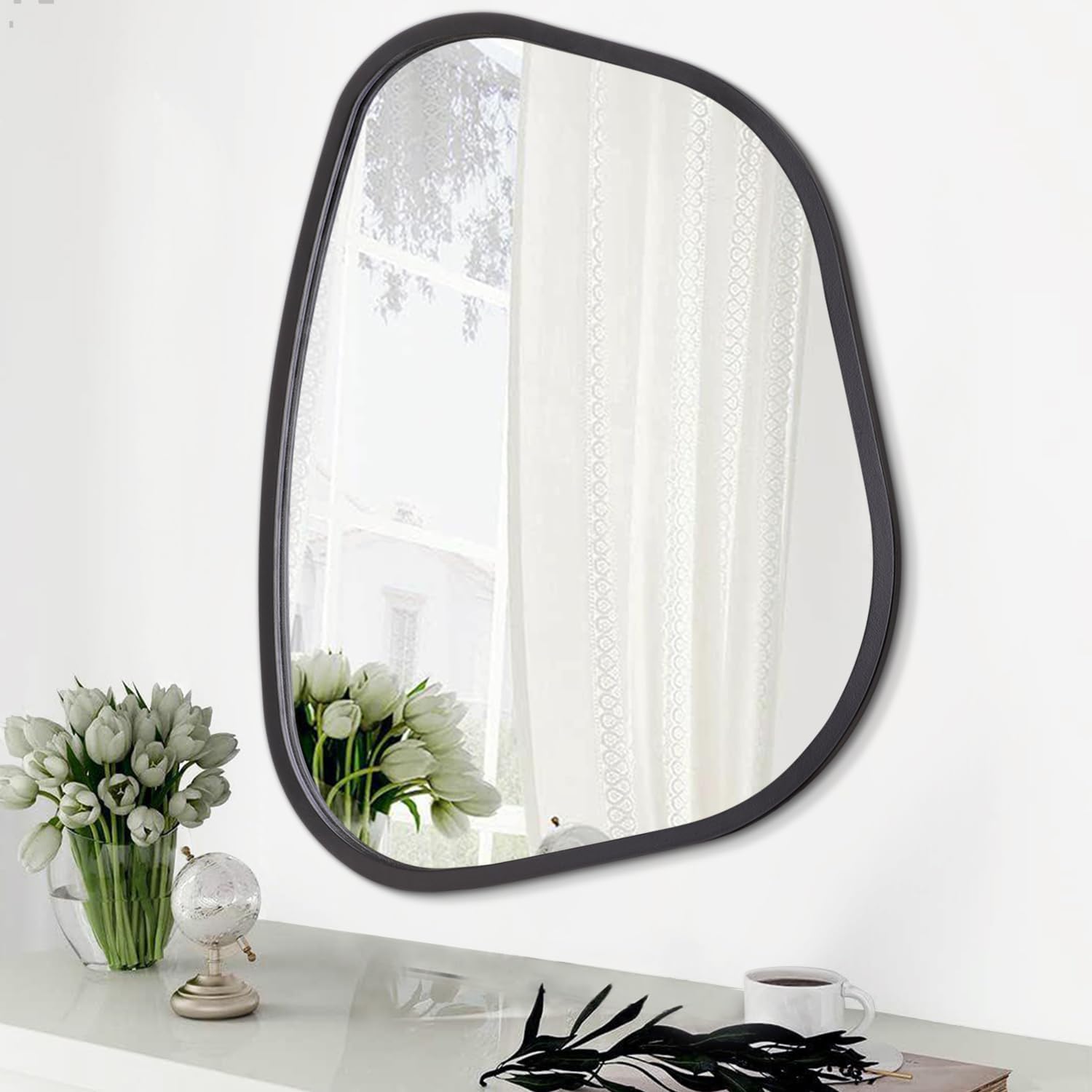 Black Asymmetrical Mirror Irregular Oval Wall Mirror Modern Wood Frame Unique Shape Wall Mounted Vanity Artistic Mirror Decorative for Living Room Bedroom Bathroom Entryway Large 16″x12″