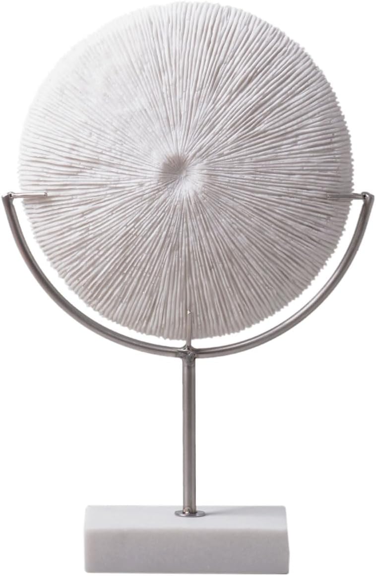 HAUCOZE Coral Disk Sculpture Modern Decor Abstract Figurine Statue 13.0inch | White Resin Screen Art with Metal Stand Glass Base Table Centerpiece Home Gift for Living Room Bookshelf