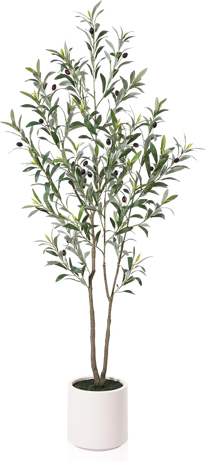 Artificial Olive Trees, 5 ft Tall Fake Olive Trees for Indoor | Faux Olive Silk Tree with White Planter,Large Olive Plants for Home Decor and Housewarming Gift, 1 Pack