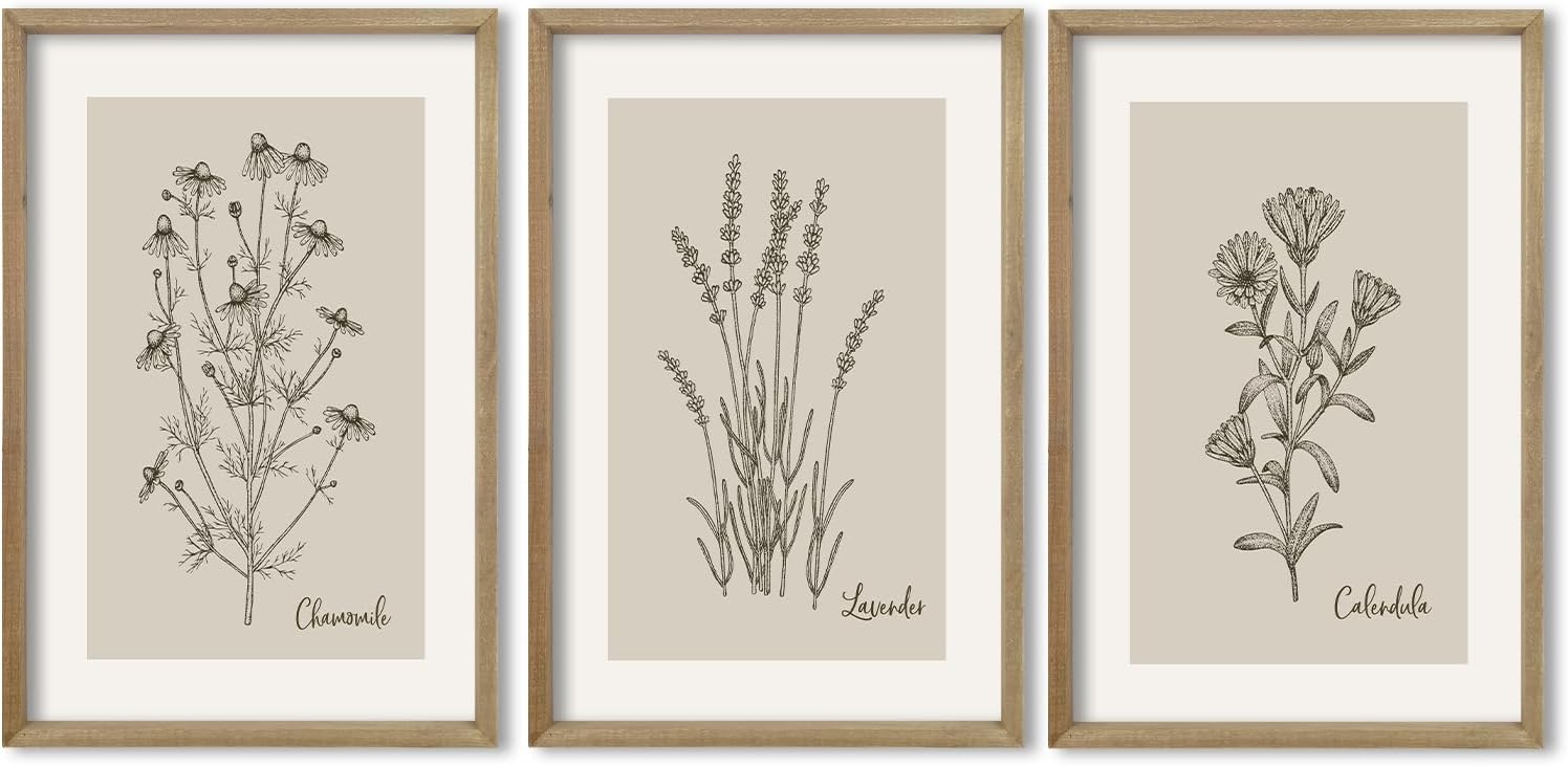 TQianJiang Vintage Botanical Wall Art 16″x11″ Set Of 3 Wood Framed Wildflower Pictures Wall Decor for Bedroom Minimalist Wall Hanging (Wood)