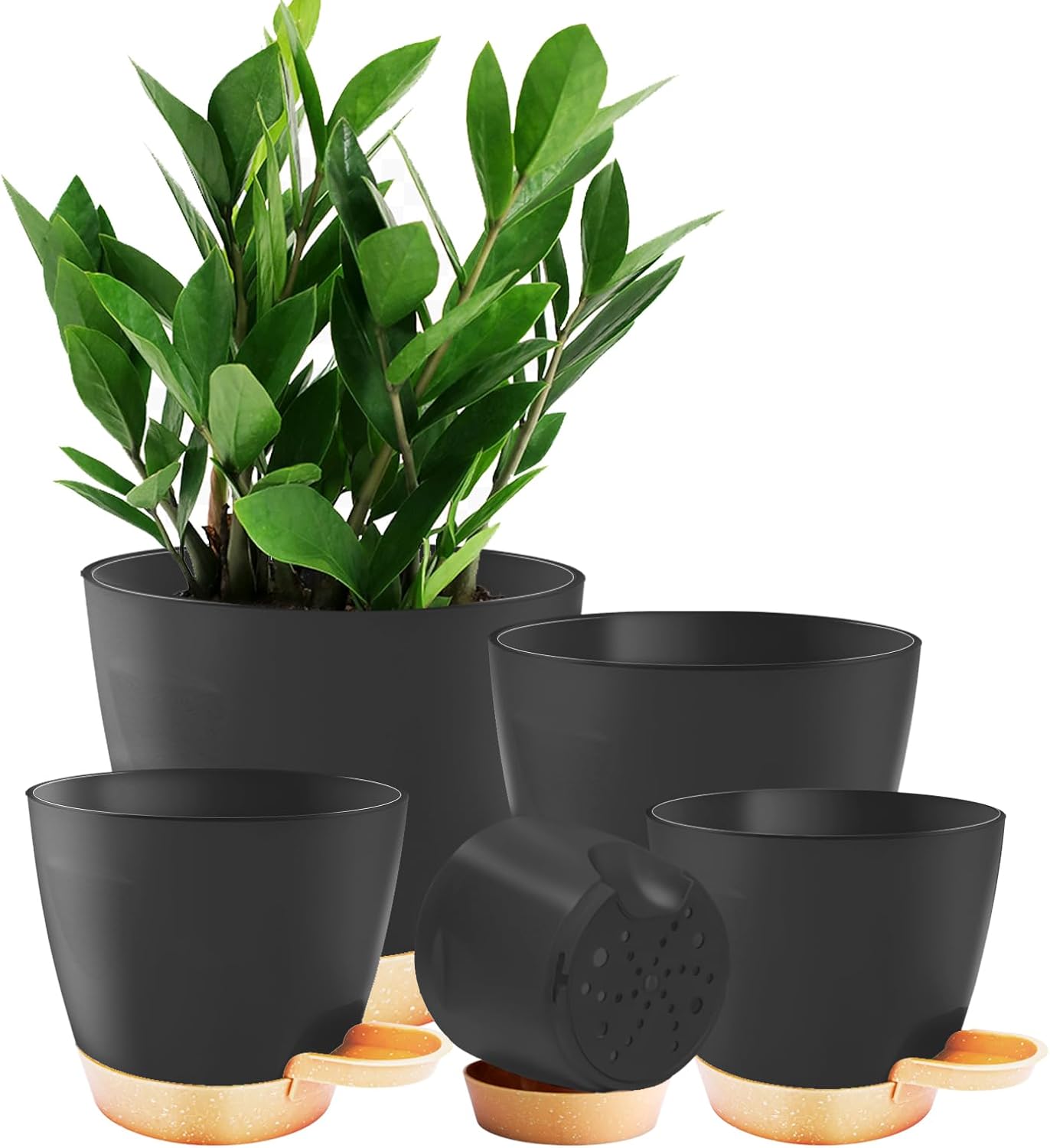 Self Watering Planter Pots for Plants, 5-Pack 7/6.5/6/5.5/5 in | Plastic material, Drainage holes and saucers, Indoor/outdoor use, Succulents, herbs, small plants