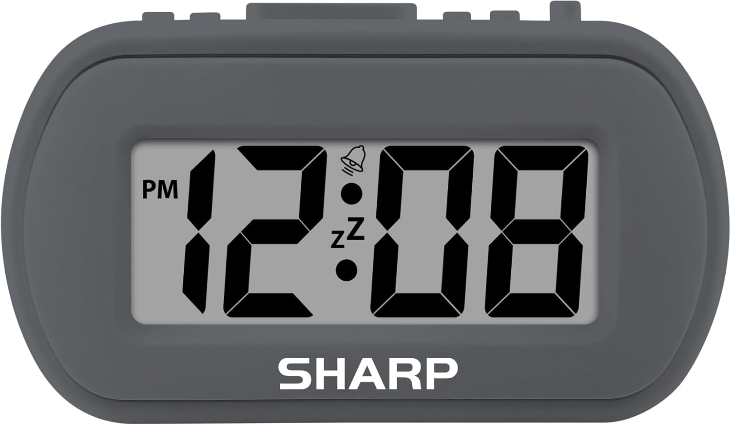 Sharp Battery Alarm Clock, Soft-Touch Case and Backlight, Charcoal Black | Soft-touch rubberized case; Battery operated; Blue backlight on demand; Ascending alarm; Snooze; Easy to use
