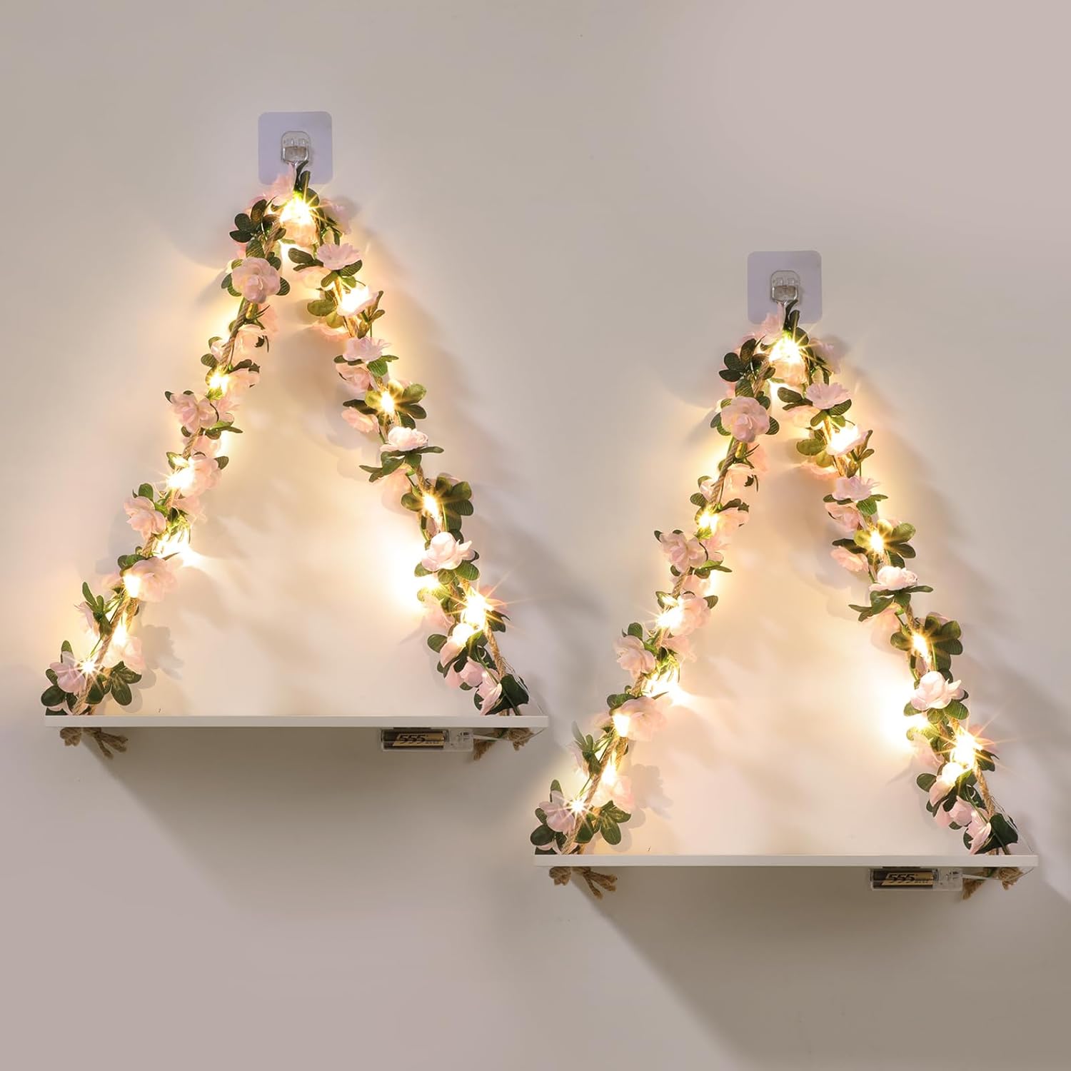 EXIN DECHEN Floating Shelves for Wall No Drilling,Girls Room Decor,Pink | Set of 2,Easy Installation,Leaves and Light Strip with Flower,boho Wall Plant Decor for Dorm Office Home Livingroom Bedroom