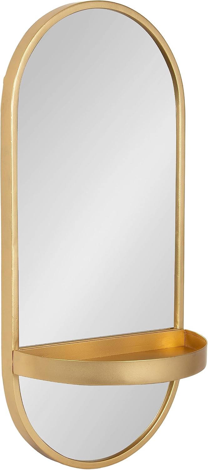 Kate and Laurel Estero Modern Metal Oval Mirror with Rounded Shelf; 11 x 25; Gold; Decorative Modern Glam Capsule Shelf Mirror for Storage and Display