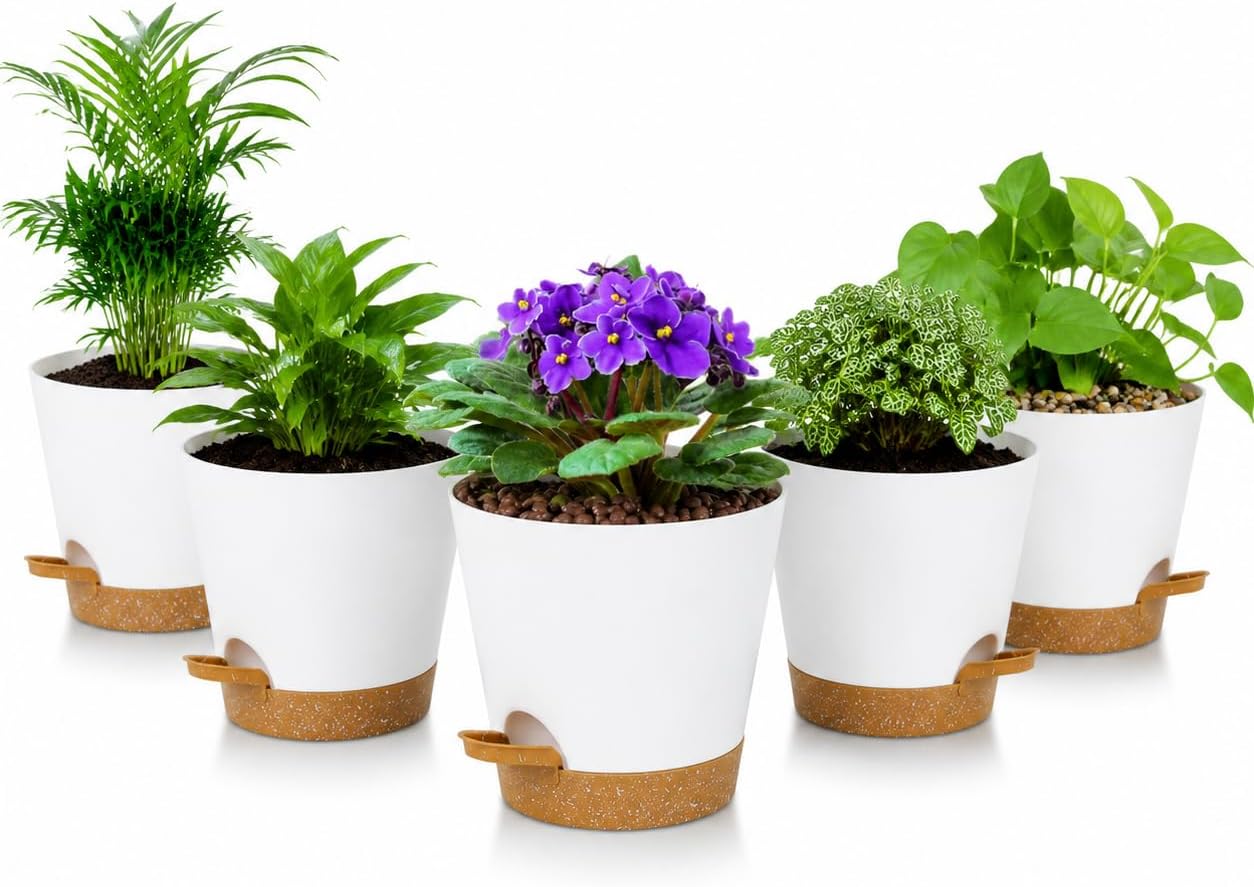 5 Pack 5 Inch African Violet Pots Self Watering, Self-Watering Planters with Drainage Holes & Reservoir, White Brown Plastic Pots for Indoor Outdoor Plants, Succulents & Flowers