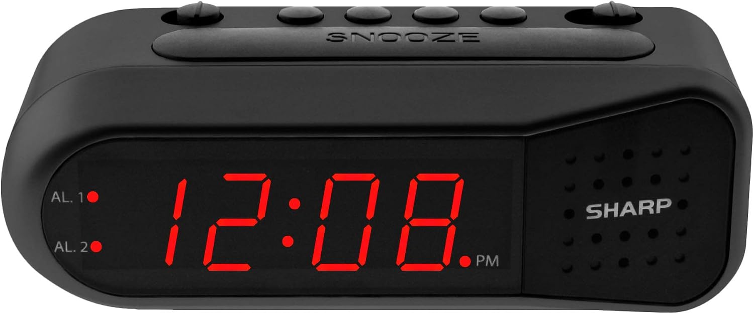 Sharp Digital Alarm Clock for Heavy Sleepers, Dual Alarm, Red LED, Black | Ascending wake sound, weekday/weekend scheduling, 9-minute snooze, easy-set controls, 2 AA backup, bedroom, dorm, office