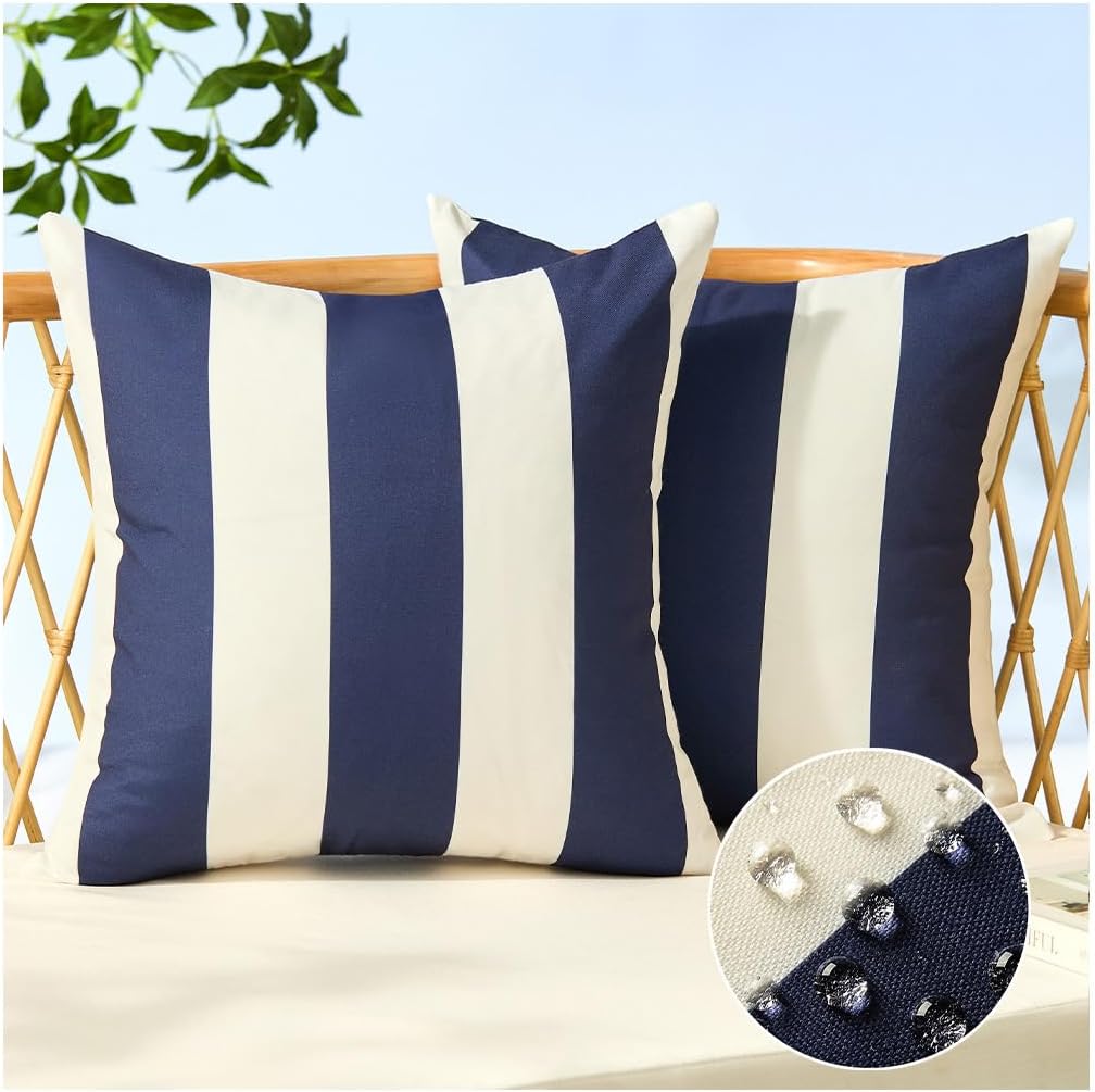 Allorry Outdoor Pillow Covers 18×18 Set of 2 Navy Blue Striped Decoration Throw Pillow Covers for Spring Summer Outdoor Waterproof Garden Patio Furniture Sofa Bed Home Decor JB007-D18