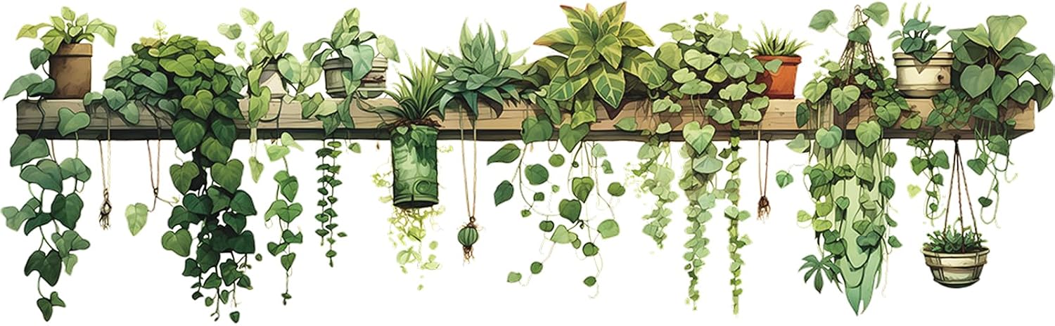 Nature Green Plants Peel and Stick Wall Decals Wallpaper, Removable Wall Decals Shelves Green Plants Vinyl Art Wall Stickers & Murals for Living Room Kitchen Bathroom Decoration (A-Green)