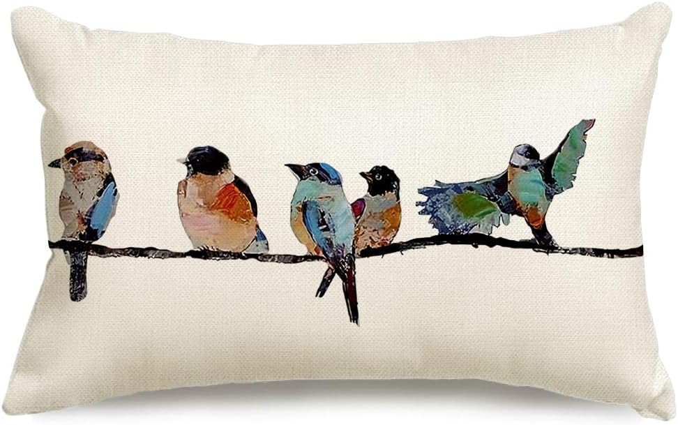 RABUSOFA 12×20 Lumbar Pillow Decorative Throw Pillows,Small Hand-Painted Outdoor Birds Pillowcases,Spring Summer Pillows Decorative Throw Cushion Covers Linen for Couch Sofa Teal Blue