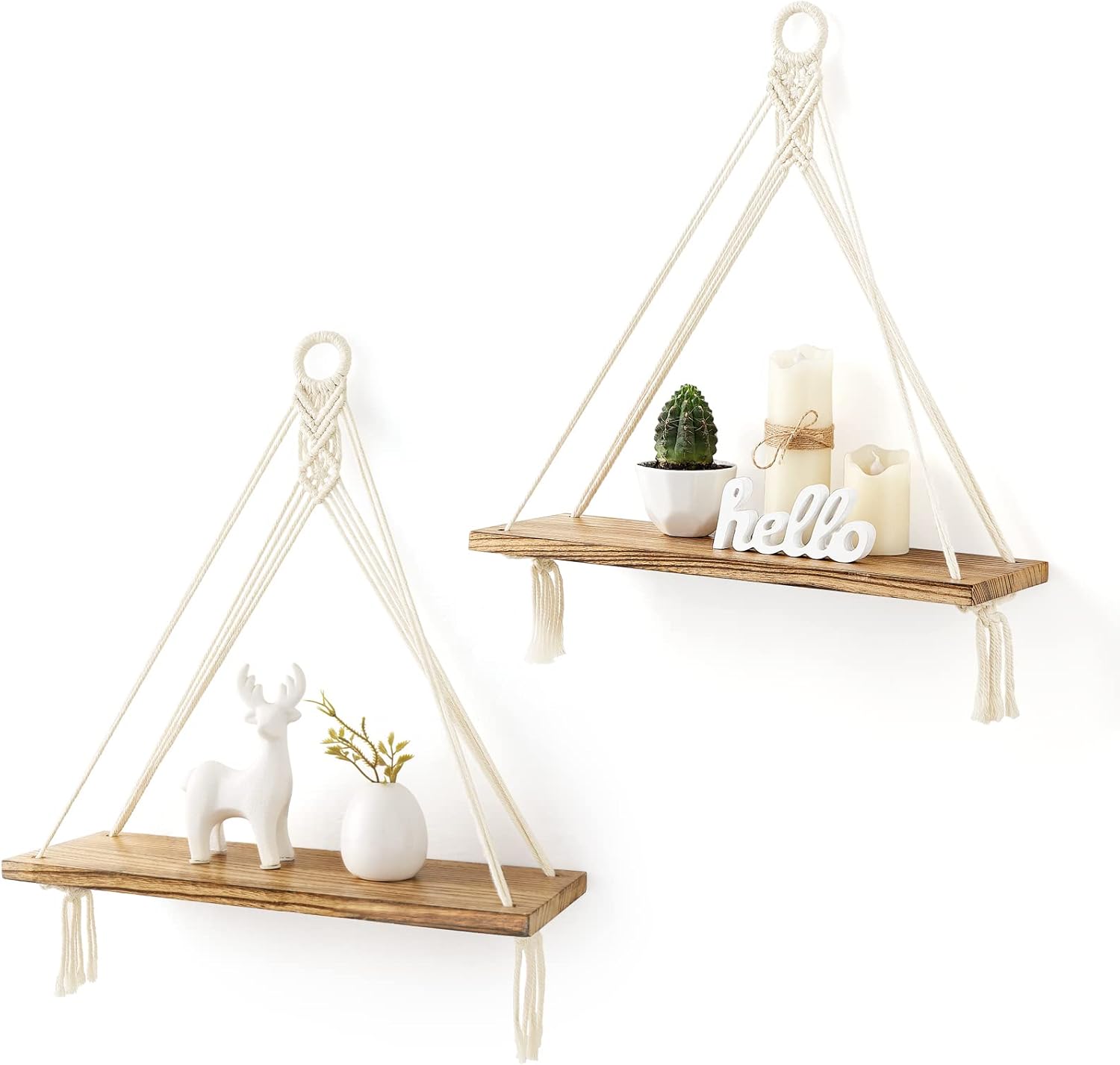 Mkono Macrame Hanging Shelves Boho Wall Decor Set of 2 Floating Wood Shelf | Cute Room Decor for Teen Girls Display Storage Shelves for Hanging Plant Photos Fit Bedroom Bathroom Living Room Nursery Dorm