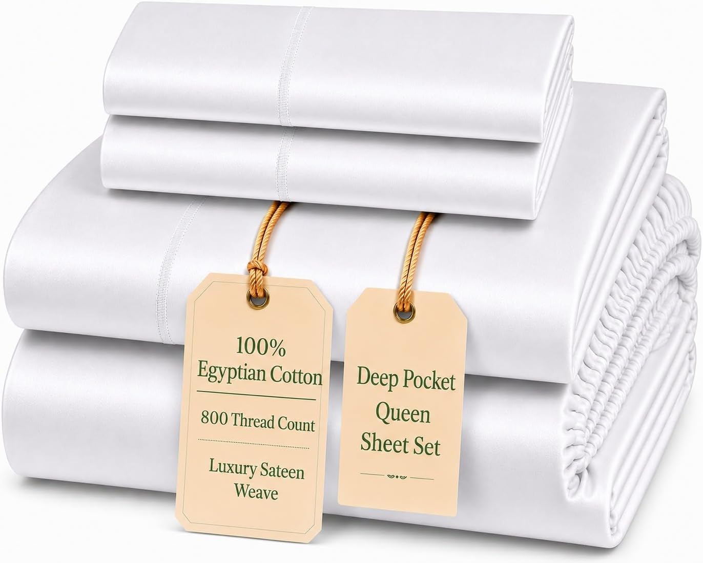 800 Thread Count Queen Sheet Set,Egyptian Cotton Sheets Queen Size Bed Set | Silky Sateen Weave White Sheets, Buttery Soft Durable Hotel Luxury Bed Sheets with 15″ Snug Fit Deep Pockets – White