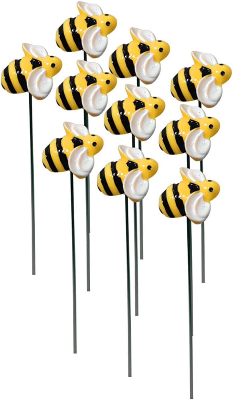 10Pcs Bee Garden Stakes Decor Metal Yard Art Ornaments Front Yard Art Stick Floral Picks Spring Summer Resin Bumble Bees Garden Stakes Outdoor Lawn Pathway Patio Plant Pot, Flower Bed Yellow