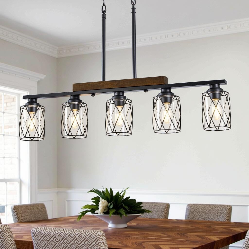 5-Light Dining Room Light Fixtures Over Table, Farmhouse Chandelier | 38″ Matte Black Wood Pendant Lights, Rustic Hanging Linear Ceiling Lighting, for Kitchen Island, Clear Glass Shade