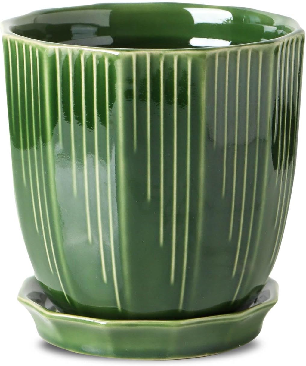 ADN 6Inch Green Ceramic Planter Pot with Drainage Hole and Saucer | Modern Indoor Outdoor Small Decorative Planter Pot, for Home,Garden,Office Gift; 6/8/10 inch