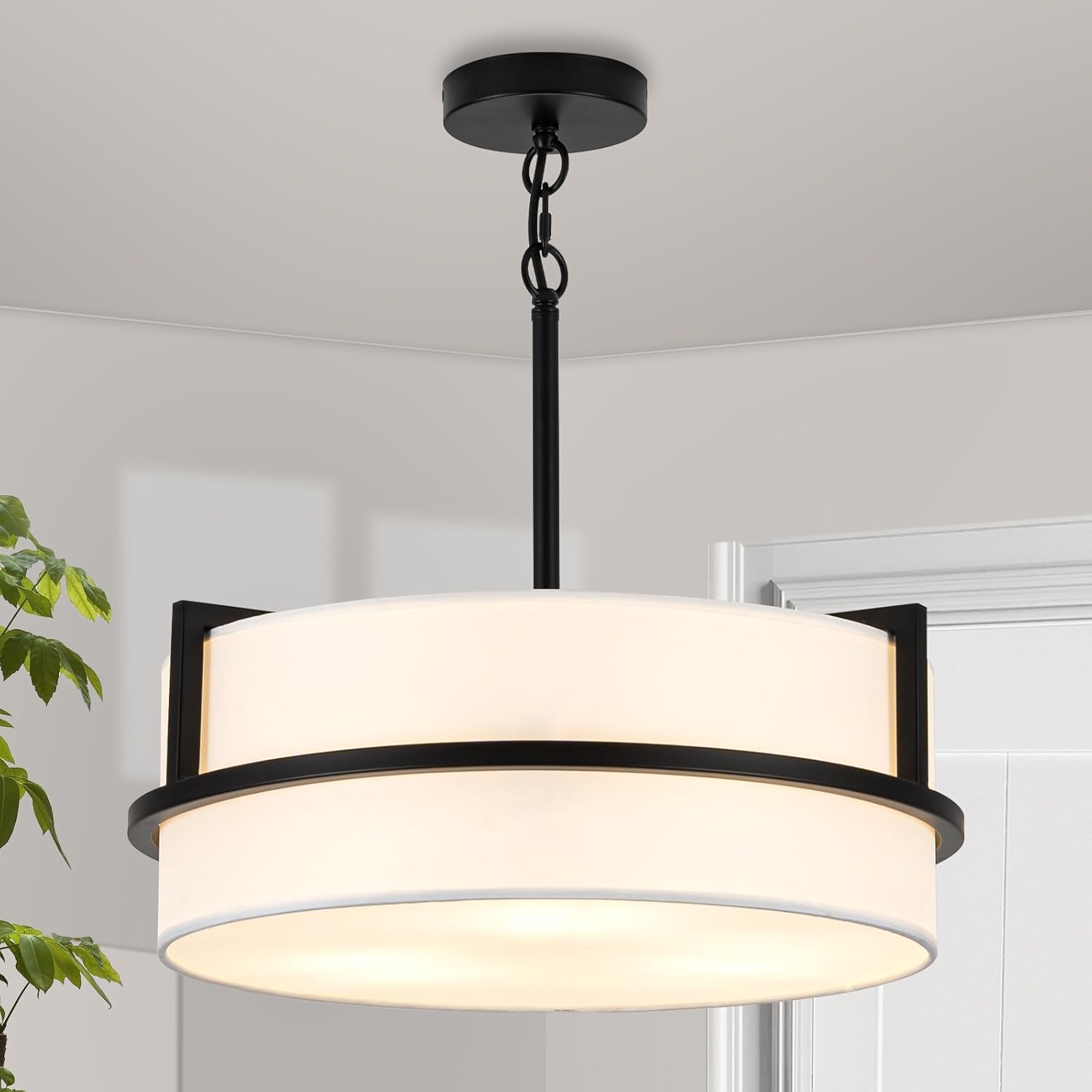 Modern Drum Chandelier for Dining Room 3 Light,15.7″ Wide White Linen Drum Shade Ceiling Light Fixture,Pendant Lighting with Adjustble Hang Height Chandelier for Kitchen Islands Living Bedroom